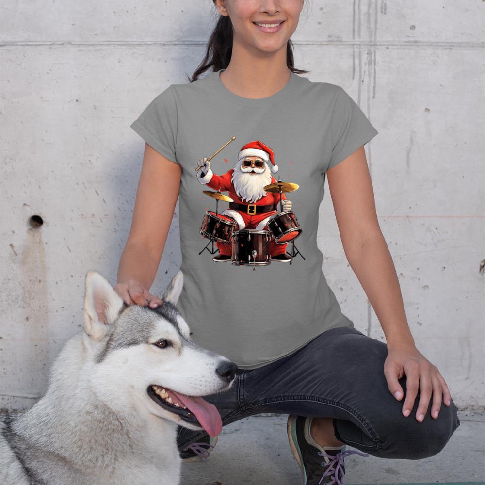 Drummer Santa Playing Drums Funny Christmas Drummer Xmas T-Shirt